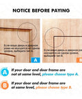 Illustration showing door frame alignment for overhead door closer installation with English and Russian instructions for type A and B.