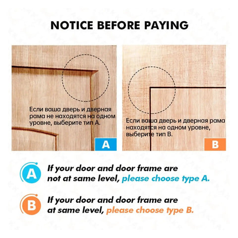 Illustration showing door frame alignment for overhead door closer installation with English and Russian instructions for type A and B.
