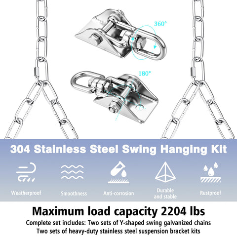 Heavy Duty Porch Swing Hanging Kit With Y Chain And 360 Degree Swivel Hangers 1500 Lb Capacity Rustproof Zinc Plated Chains 304 Steel