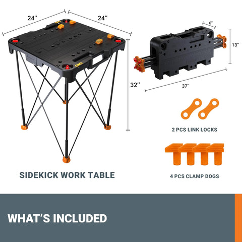 Sidekick Folding Work Table Portable All-In-One Work Bench For DIY Projects, Ultra Lightweight design with dimensions and accessories