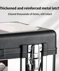 Close-up of thickened metal latch on Badass Rugged Stainless Steel Tool Box With Dual Layer Garage Storage and Snappy Organizer Lid Tray.