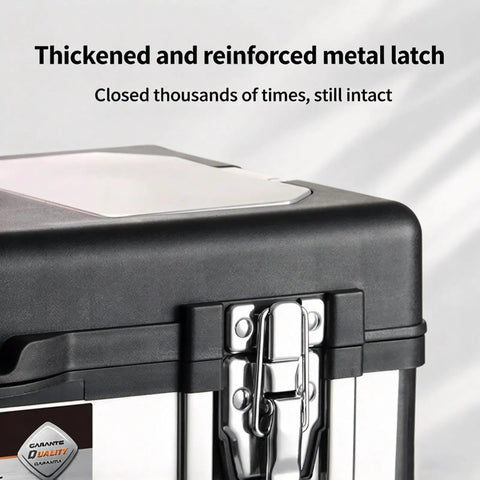Close-up of thickened metal latch on Badass Rugged Stainless Steel Tool Box With Dual Layer Garage Storage and Snappy Organizer Lid Tray.