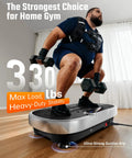 Man using Vibration Plate Exercise Machine For Home Gym Full Body Workout With Loop Bands 330 Lbs Capacity, holding weights.