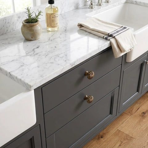 Heavy Duty 15 Piece Antique Brass Cabinet Knobs Offering A Hella Smooth Vintage Sunburst Finish on kitchen drawer with marble countertop.