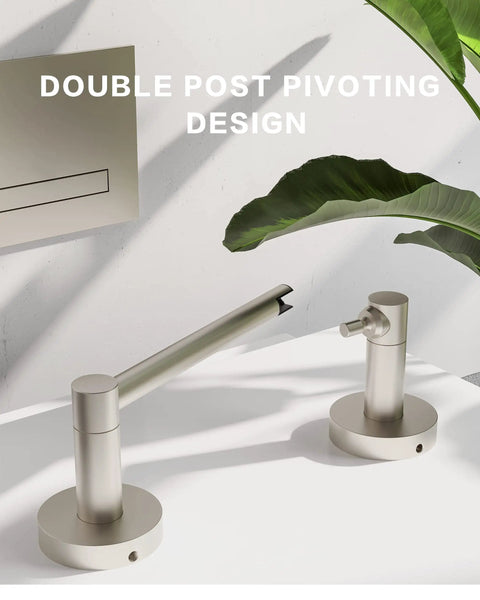 Pivoting Toilet Paper Holder With Double Post Mount In Brushed Nickel and Satin Nickel Finish shown on white wall.