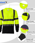 3 Pack Men's High Visibility Long Sleeve Reflective Safety T Shirts For Work Warehouse Construction ANSI ISEA 107 Type R Class 2 Green Large Size with round collar, chest pocket, reflective strip, and stretch cuff.