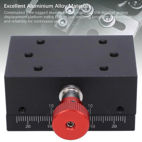 Beefy Aluminum Linear Stage With 40mm Stroke Manual Dovetail Sliding Platform front view with red knob for CNC applications.