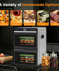 Top Shelf Workhorse Food Dehydrator Featuring 12 Sturdy Steel Trays And Precise Heat Controls Plus Marathon Timer, displayed with dried snacks.