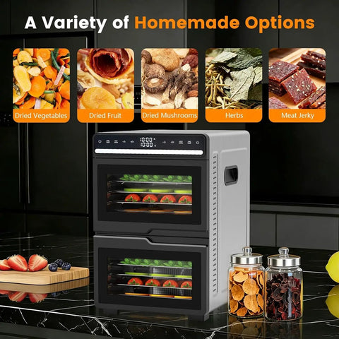 Top Shelf Workhorse Food Dehydrator Featuring 12 Sturdy Steel Trays And Precise Heat Controls Plus Marathon Timer, displayed with dried snacks.