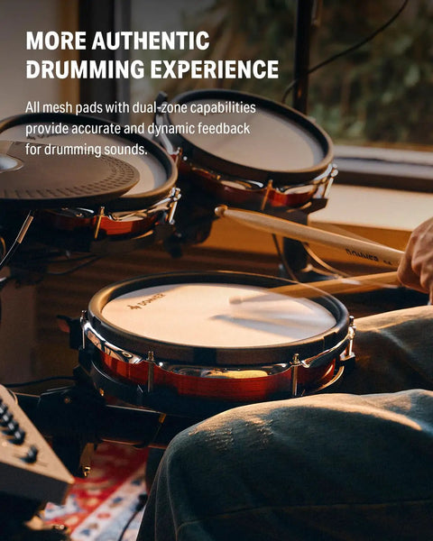 Close-up of Electric Drum Set For Adults Full Size That Feels Pro With 10 Inch Quiet Mesh Pads, highlighting mesh detail.