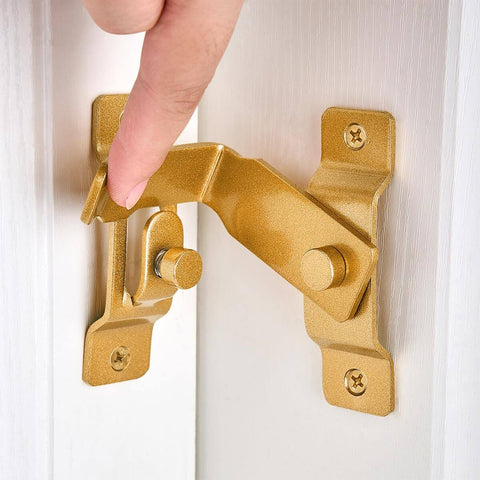 Close-up of 2 Pack 90 Degree Gold Flip Barn Door Lock With Easy Install Privacy Security Latch for barn doors, stainless steel, rotating knob.