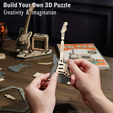 Dope Detailed One Eighth Scale Electric Guitar 3D Puzzle Kit For Adults Wooden Craft Model With Amplifier And Stand Realistic Guitar Replica For Home And Desk Decor Collectible Gift, hands assembling wooden guitar body