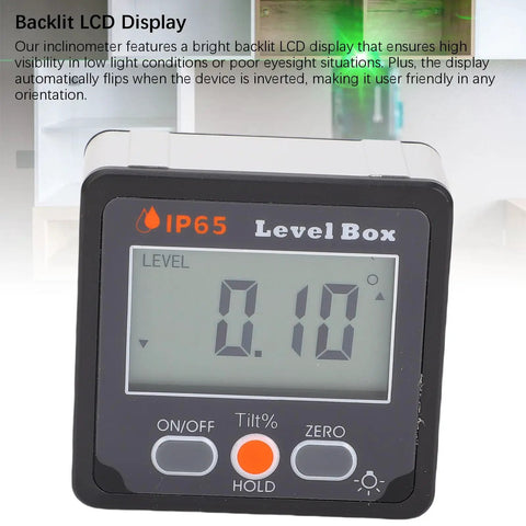 Professional Digital Angle Finder And Magnetic Level Box With Dead On Zero Point Two Degree Accuracy And Shop Built Ip65 Weather Resistant Frame displaying bright backlit LCD.