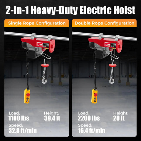 2-in-1 Heavy Duty 480W Mini Electric Hoist With Emergency Stop Button For Garage And Warehouse Use showing single and double rope configurations.