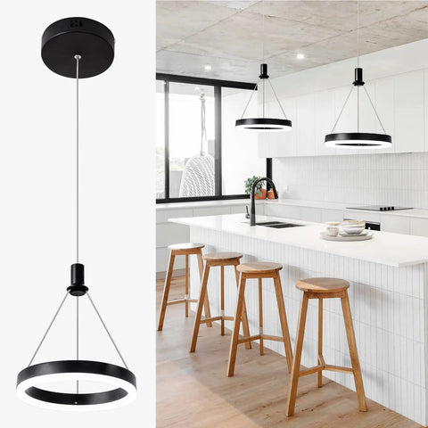 Dimmable LED Pendant Light For Kitchen Island And Dining Room With 59 Inch Adjustable Cord 15W Black One Ring Chandelier