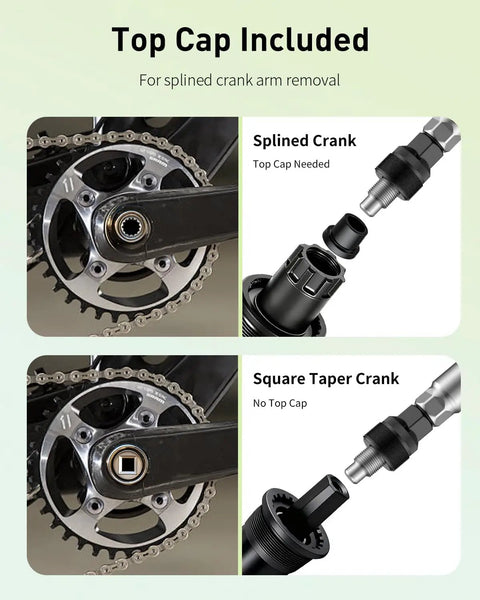 Bike Crank Puller Kit With Wrench And Top Cap For Quick Crank Arm Removal, Bottom Bracket Tool, Heavy Duty, showing splined and square taper cranks