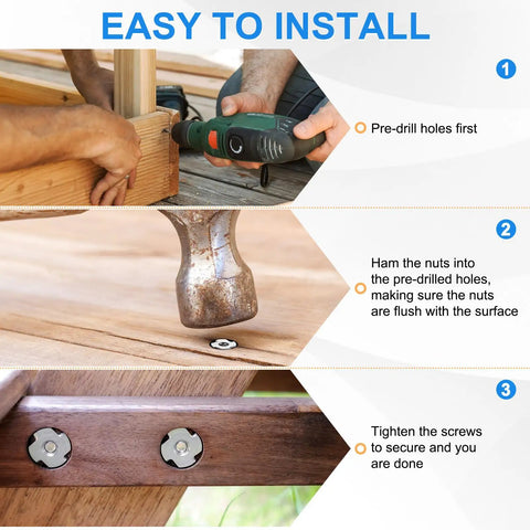 Step-by-step installation of 20 Pack 3/8 Inch Thread Stainless Steel Tee Nuts with Killer Grip and Heavy Duty Build for Wood.