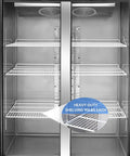 Interior view of Heavy Duty Commercial Upright Freezer Stainless Steel Two Door Reach In Cooler 36 Cubic Foot Capacity.