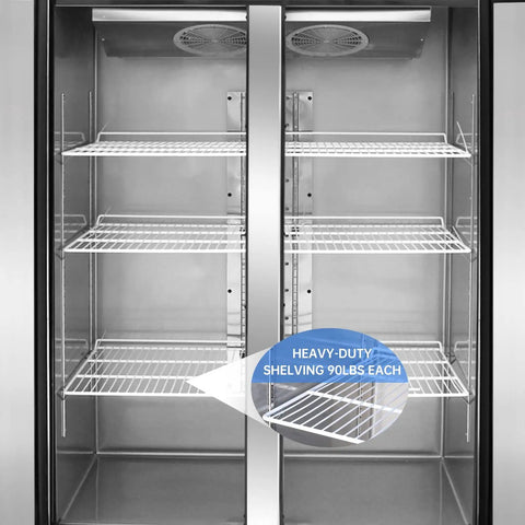 Interior view of Heavy Duty Commercial Upright Freezer Stainless Steel Two Door Reach In Cooler 36 Cubic Foot Capacity.