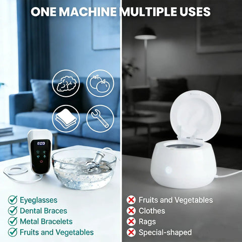Portable Ultrasonic Cleaning Wand Featuring 60khz Sonic Cavitation Technology For Jewelry Glasses Watches And Dentures Fits Any Sink Or Bucket To Work Like A Champ And Knock Out Stubborn Grime Fast, shown with water basin and items.