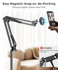 One Second Magnetic Bedside Phone Holder With Adjustable Arm, showing magnetic head and stand, in use for hands-free iPhone viewing.