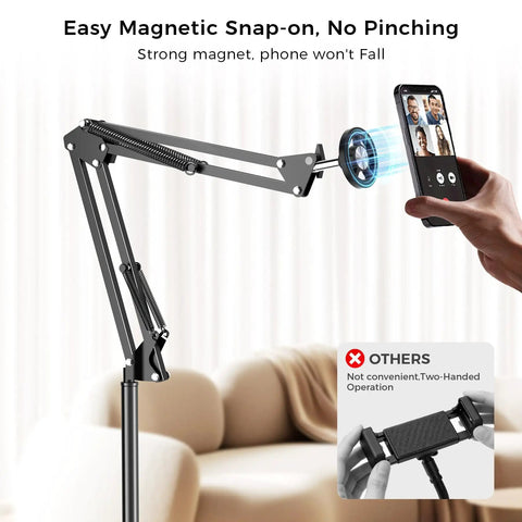 One Second Magnetic Bedside Phone Holder With Adjustable Arm, showing magnetic head and stand, in use for hands-free iPhone viewing.