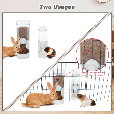 Top Tier Automatic Rabbit Water Dispenser And Food Feeder Combo Large Capacity Grey Bunny Station with bunny and guinea pig.