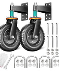 Eight Inch Heavy Duty Gate Rollers Two Pack, Tough As Nails Seven Five Zero Pound Swivel Casters For Wood Or Pipe Fences, Smooth Gliding And Totally Sag Free Performance showing two black swivel gate wheels.