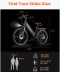 High Power 1500W Peak Ebike For Adults With 48V 12Ah Removable Battery Up To 25 MPH And 65 Mile Range dimensions and size guide