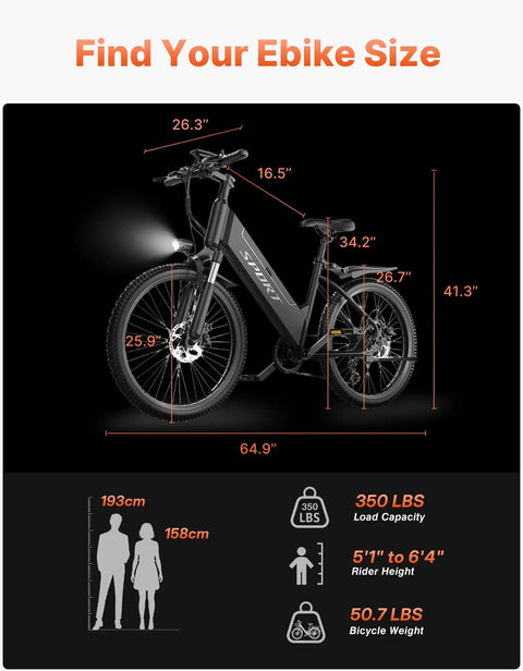 High Power 1500W Peak Ebike For Adults With 48V 12Ah Removable Battery Up To 25 MPH And 65 Mile Range dimensions and size guide