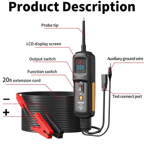 Power Circuit Probe Kit And Tester For 6V To 24V DC Systems showing LCD screen, 20ft extension cord, and auxiliary ground wire.