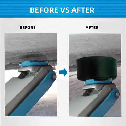 Before and after using Universal Rubber Floor Jack Pad Set 2 Pack With Pinch Weld Jack Pad Adapter for safer vehicle lifting.