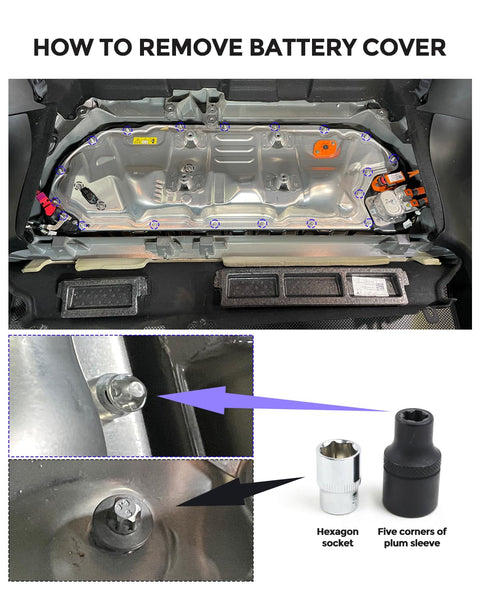 How to remove battery cover showing Tesla Model 3 Y S X battery pack with hexagon socket tools for Shop Grade Pyrotechnic Battery Disconnect Fuse With Pro Removal Tools No Sweat Direct Swap For Tesla Model 3 Y And S X High Voltage Safety Switch Upgrade.