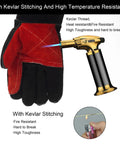 Long Welding Gloves 23.6 Inch Heat Resistant Leather With Kevlar holding a gold torch lighter with blue flame