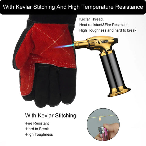 Long Welding Gloves 23.6 Inch Heat Resistant Leather With Kevlar holding a gold torch lighter with blue flame