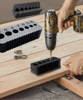 Premium Drill Guide Block For Woodworking And Cabinet Projects Legit Straight Hole Locator Carpenter Jig With Exact Metric Sizes Heavy Duty Polymer Power Tool Accessory Tight Gauge Precision Alignment Fast Install Black, drilling holes in wood.