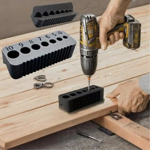 Premium Drill Guide Block For Woodworking And Cabinet Projects Legit Straight Hole Locator Carpenter Jig With Exact Metric Sizes Heavy Duty Polymer Power Tool Accessory Tight Gauge Precision Alignment Fast Install Black, drilling holes in wood.