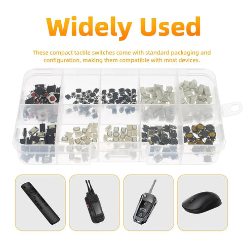 250 Pcs 10-Value Micro Momentary Tactile Push Button Switch Kit for Breadboard and PCB Projects in storage box.