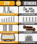 752 Piece Stainless Steel Hex Nuts And Bolts Kit With SAE Hex Bolts, Nuts, Flat Washers, And Lock Washers In 1/4-20, 5/16-18, 3/8-16, And 1/2-13, Lengths From 1/2 Inch To 2-1/2 Inches, Heavy-Duty Fastener Set For Home, Garage, And DIY Projects. comparison chart of 304 stainless bolts and labeled storage case