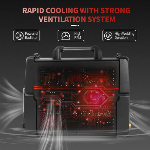 Side view of 5 In 1 Plasma Cutter And Welder Combo With Dual Voltage 110V And 220V showing cooling system with vents and glowing circuitry.