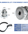 Aluminum alloy synchronous wheel and rubber belt with specifications for trapezoidal teeth, used in CNC lathes and woodworking.