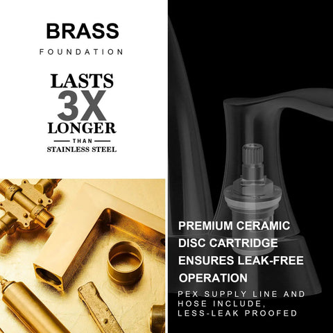 Matte Black 4 Inch Centerset Bathroom Faucet With Two Handles Pop Up Drain And Supply Lines Solid Brass Construction No Fuss Install Spot Resistant Finish ADA NSF cUPC Certified, showing brass components and ceramic disc cartridge.