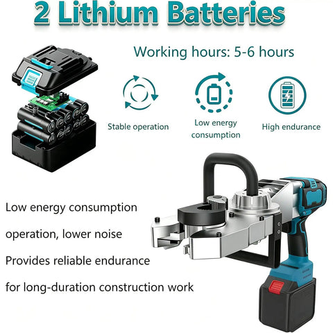Heavy Duty Cordless Electric Rebar Threader With Brushless Motor, featuring 2 lithium batteries for stable operation and low energy consumption.