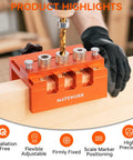 Pro Grade Adjustable Width Dowel Jig For Woodworking with Imperial Scale Centers drilling into wood, includes 3 stop rings.