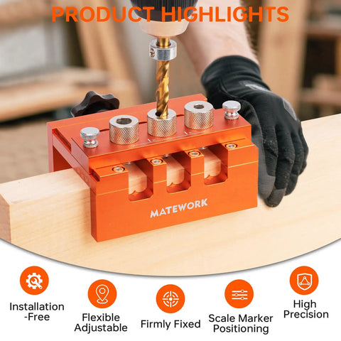 Pro Grade Adjustable Width Dowel Jig For Woodworking with Imperial Scale Centers drilling into wood, includes 3 stop rings.