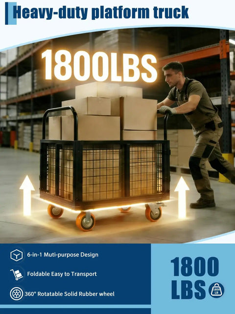Man pushing Beast Of A 6 In 1 Platform Truck With Cage Foldable Hand Truck And Dolly Flatbed Cart in warehouse