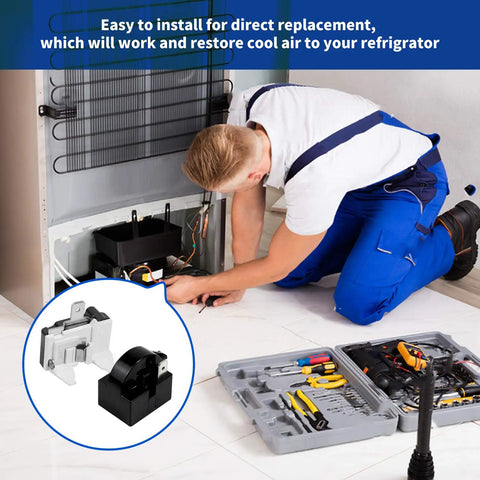 Technician using 4 Pack Fridge Starter Relay And Overload Protector Kit For LG Refrigeration beside open tool case.