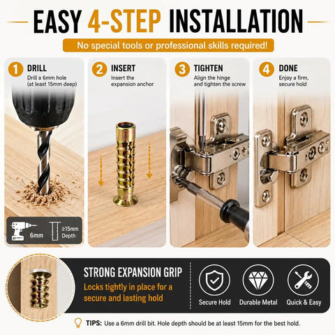 Easy 4-step installation of 6x14mm Short Expansion Screw Set for Cabinet Hinges Quick Fix Stops Door Sagging and Wobble Restores Stripped Holes