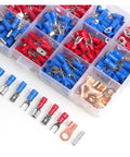 Top Notch 300 Pcs Assorted Wire Crimp Terminals Kit With Insulated Spade Fork Ring Butt Connectors In Red And Blue Copper Colors For All Your Electrical Wiring Jobs, assorted red and blue terminals in organizer