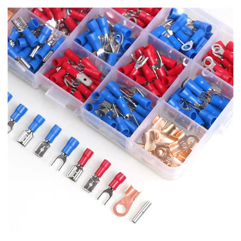 Top Notch 300 Pcs Assorted Wire Crimp Terminals Kit With Insulated Spade Fork Ring Butt Connectors In Red And Blue Copper Colors For All Your Electrical Wiring Jobs, assorted red and blue terminals in organizer